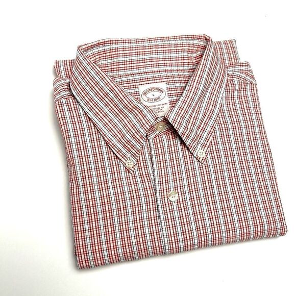 Brooks Brothers Structured Cotton Shirt Button Up White Red Plaid Short Sleeve L - Picture 4 of 10